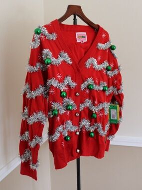 Tipsy Elves Red Cardigan with Silver Tinsel Ugly Christmas Holiday Sweater